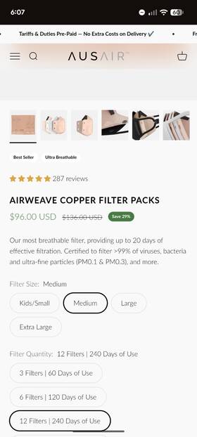 Ausair 730167993852 Mask Airweave Copper Filter Lot Of 12 Sz Adult Medium Sealed
