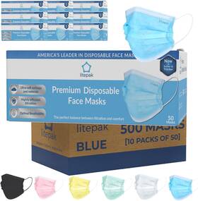 Litepak 880784987892 500pcs Premium Disposable Face Mask Soft 3ply Nose Wire Blue-500pcs