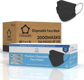Litepak 880892595927 2000pcs Disposable Face Masks Black 3-ply Adult Mask Nose Wire