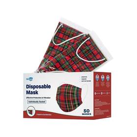 Wmn100050 Wecare Individually Wrapped Disposable Face Mask Adult Red Plaid 50/box